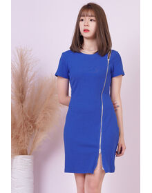 Fine Diagonal Two Slider Zip Front Dress (Blue)